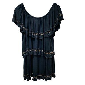 KAREN KANE Flowy Top Plus Size 2X Black Gold Sequined Ruffled Tier Peasant Tunic